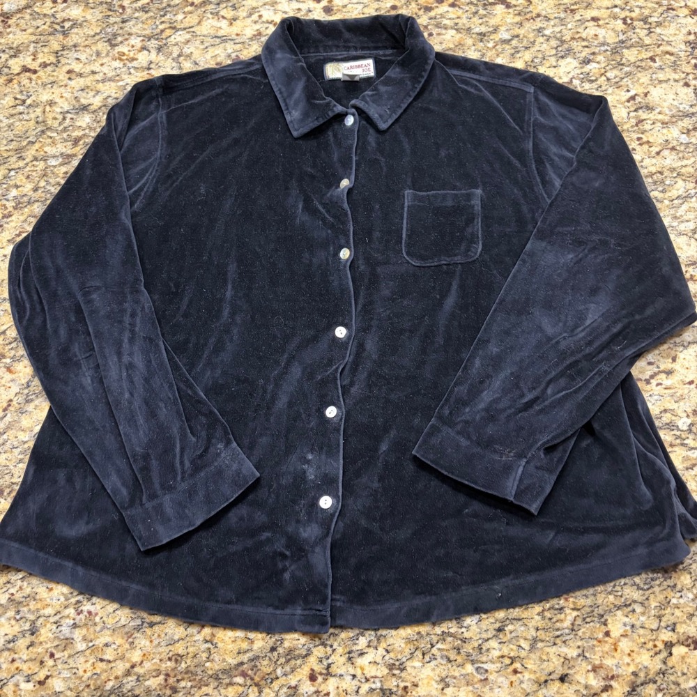 Caribbean Joe Woman Black Velour Button Down Shirt Long Sleeve 3X Plus Size